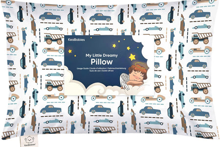 Toddler Pillow with Pillowcase - 13X18 My Little Dreamy Pillow, Organic Cotton Toddler Pillows for Sleeping, Kids Pillow, Travel Pillows, Mini Pillow, Nursery Pillow, Toddler Bed Pillow (Vroom)
