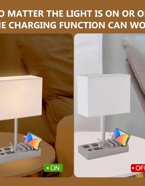 Load image into Gallery viewer, Desk Lamp with 3 USB Charging Ports, Table Lamp with 2AC Outlets and 3 Phone Stands, Nightstand Bedside Lamp with Natural Wooden Base and Cream Linen Shade
