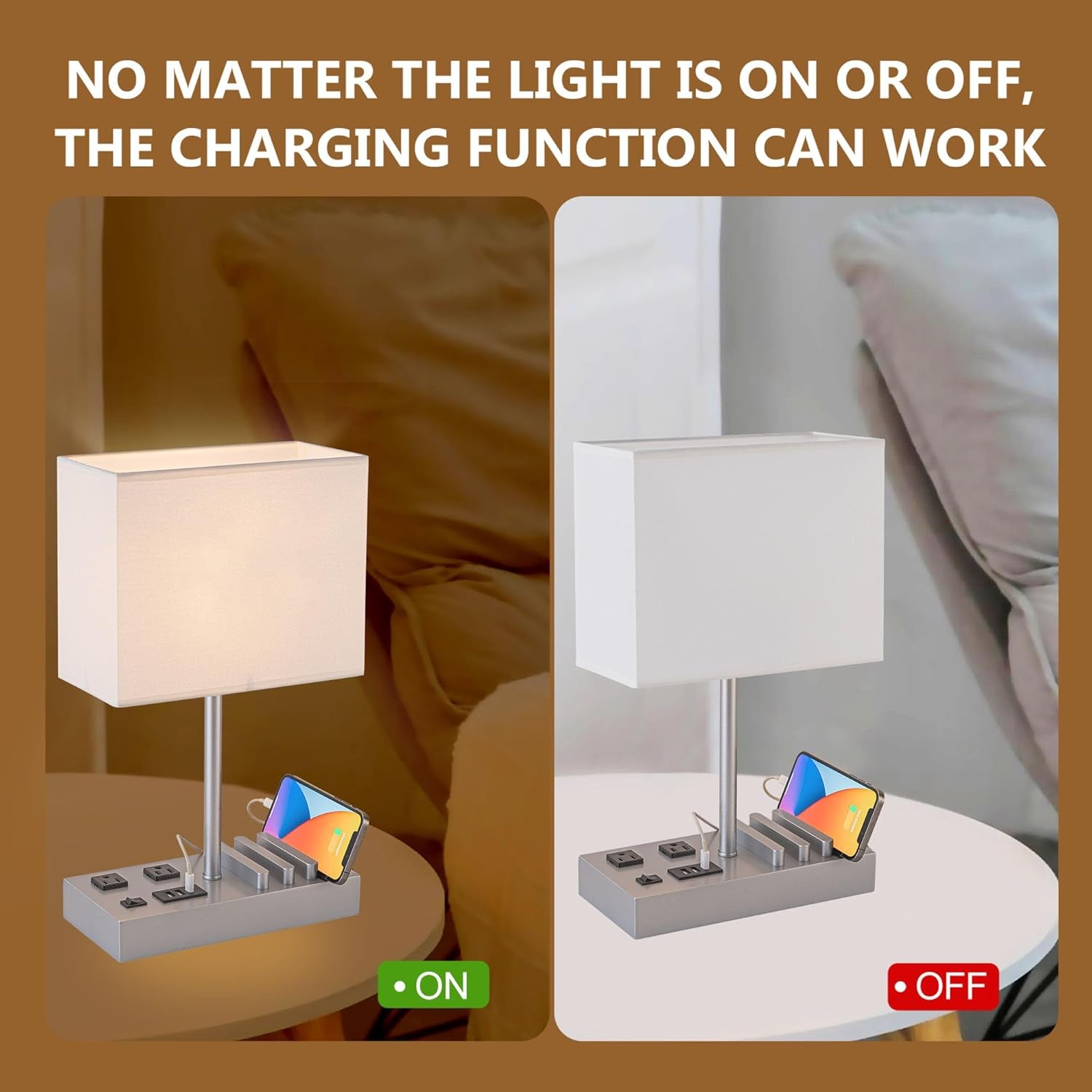 Desk Lamp with 3 USB Charging Ports, Table Lamp with 2AC Outlets and 3 Phone Stands, Nightstand Bedside Lamp with Natural Wooden Base and Cream Linen Shade