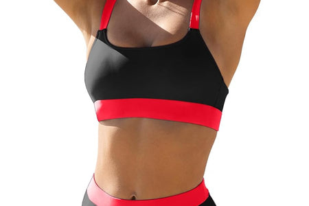 Women High Waisted Bikini Set Sports Color Block Swimsuit Scoop Neck Cheeky Bathing Suit