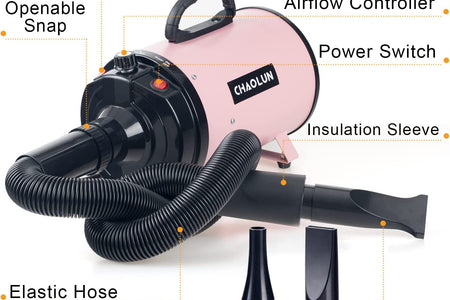 Dog Dryer, Dog Blow Dryer, High Velocity Professional Pet Grooming Dryer, Dog Hair Dryer with Heater, Stepless Adjustable Speed, 3 Different Nozzles and a Comb, Pink
