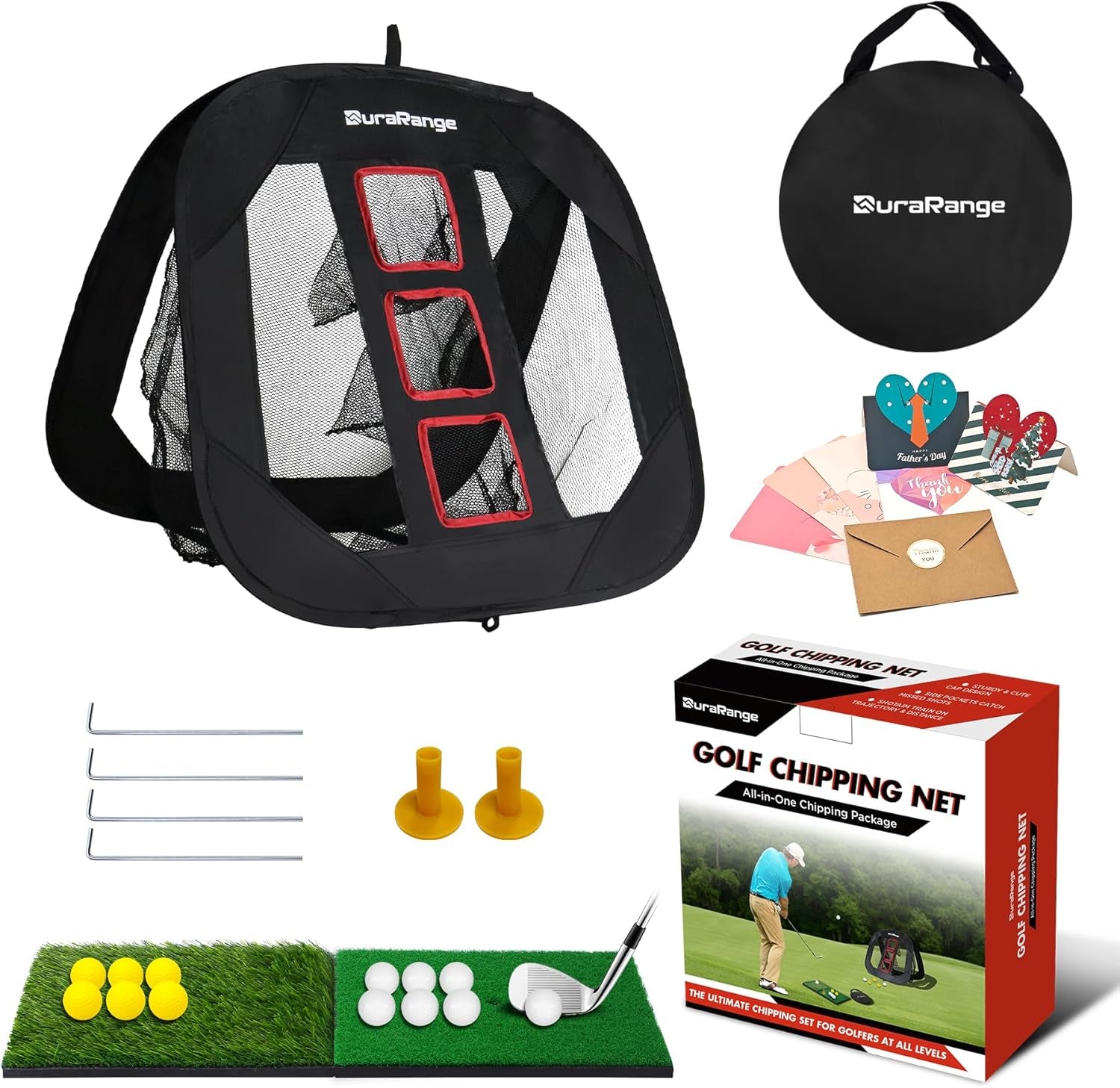 Pop-Up Golf Chipping Net Set - Foldable Training Kit with 2 Hitting Mats, 6 Practice Balls, 6 Foam Balls - Ultimate Golf Gift & Target Chipping Aids