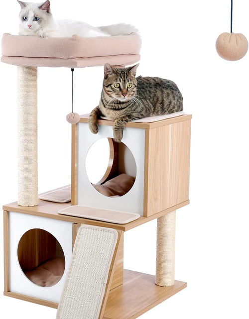 Load image into Gallery viewer, Cat Tree 35 Inches Wooden Cat Tower with Double Condos, Spacious Perch, Fully Wrapped Scratching Sisal Posts and Replaceable Dangling Balls-Walnut
