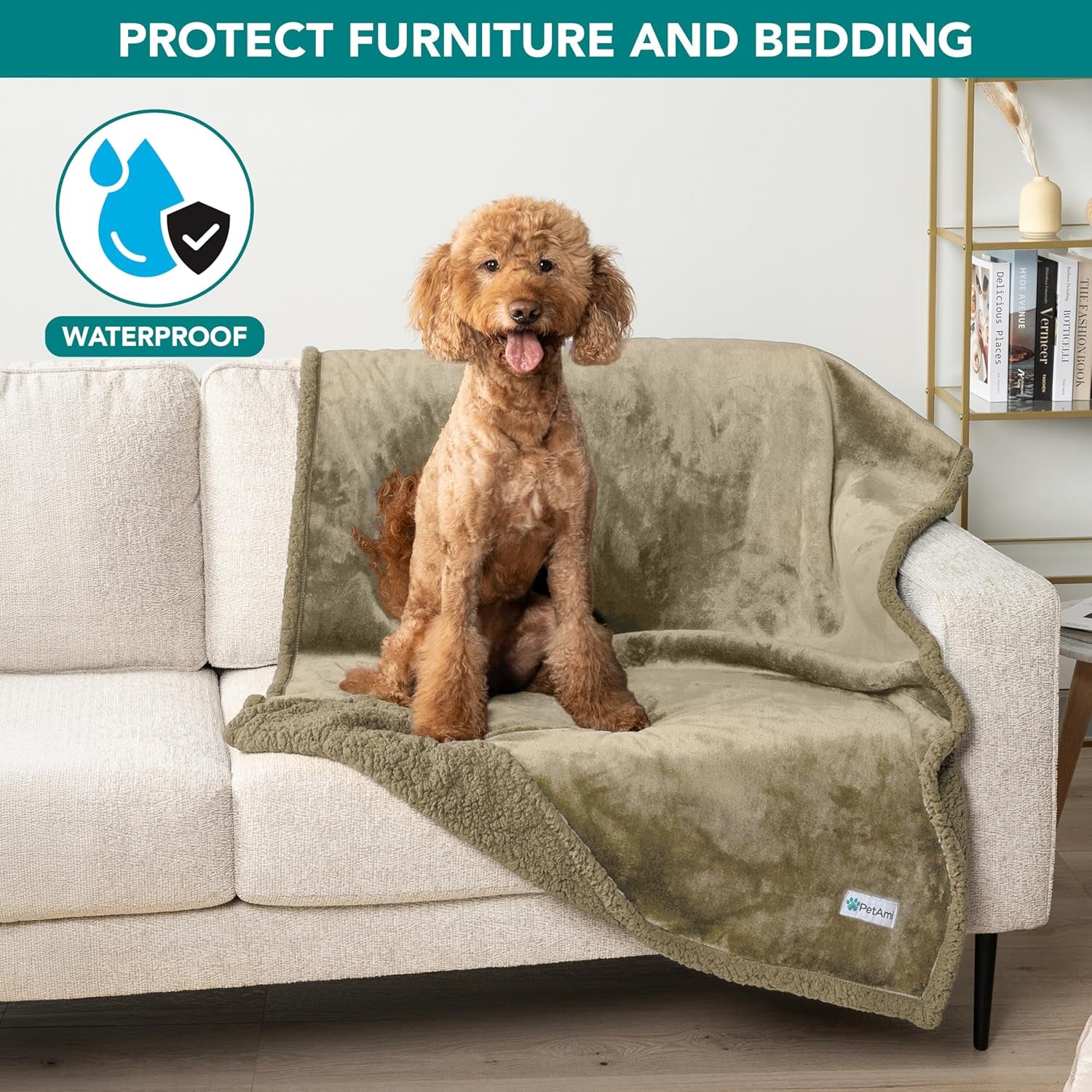 Waterproof Dog Blanket for Bed, Couch, Sofa | Waterproof Dog Bed Cover for Large Dogs, Puppies | Sherpa Fleece Pet Blanket Furniture Protector | Reversible Microfiber
