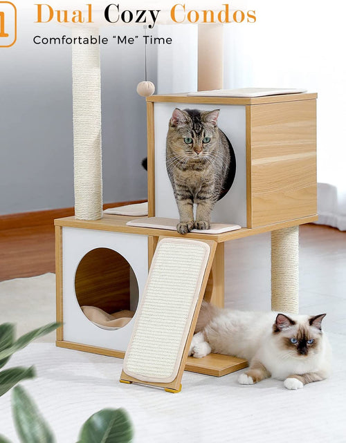 Load image into Gallery viewer, Cat Tree 35 Inches Wooden Cat Tower with Double Condos, Spacious Perch, Fully Wrapped Scratching Sisal Posts and Replaceable Dangling Balls-Walnut
