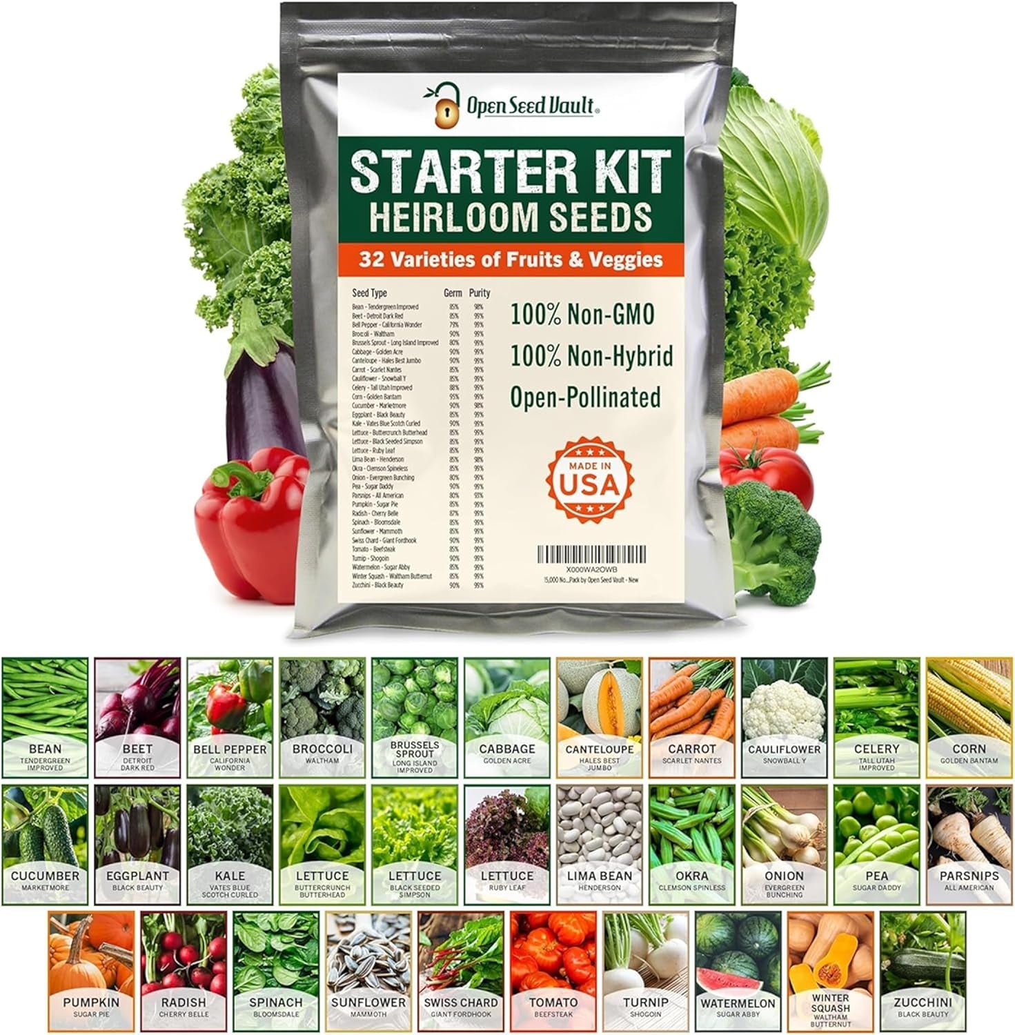 15,000 Non GMO Heirloom Vegetable Seeds for Planting Vegetables and Fruits (32 Variety Pack) - Gardening Seed Starter Kit, Survival Gear Food, Gardening Gifts, Prepper Supplies