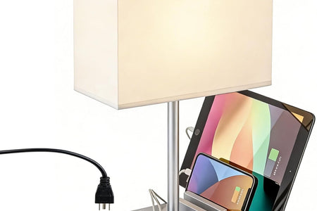 Desk Lamp with 3 USB Charging Ports, Table Lamp with 2AC Outlets and 3 Phone Stands, Nightstand Bedside Lamp with Natural Wooden Base and Cream Linen Shade