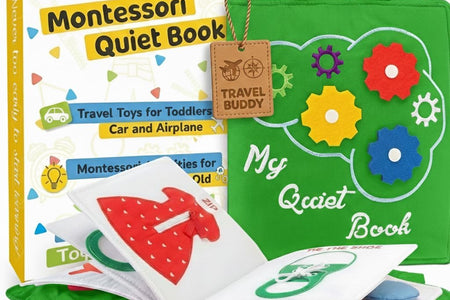 Quiet Book Montessori Toys for Toddlers – Learning Toy – Preschool Educational Toy with Toddler Activities Busy Book, Travel Toy for Boys & Girls + Zipper Bag, Green