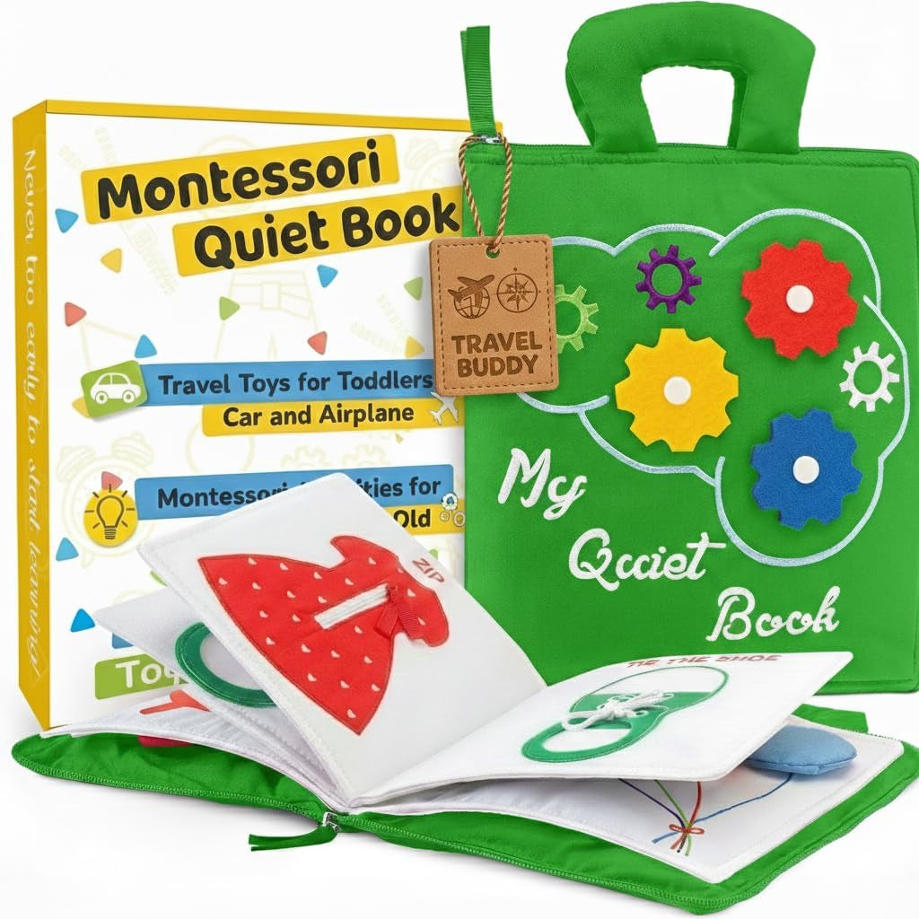 Quiet Book Montessori Toys for Toddlers – Learning Toy – Preschool Educational Toy with Toddler Activities Busy Book, Travel Toy for Boys & Girls + Zipper Bag, Green