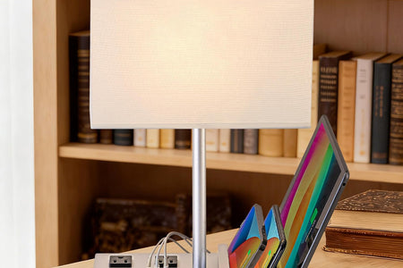 Desk Lamp with 3 USB Charging Ports, Table Lamp with 2AC Outlets and 3 Phone Stands, Nightstand Bedside Lamp with Natural Wooden Base and Cream Linen Shade