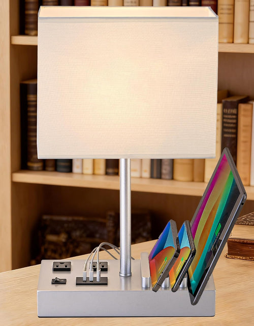 Load image into Gallery viewer, Desk Lamp with 3 USB Charging Ports, Table Lamp with 2AC Outlets and 3 Phone Stands, Nightstand Bedside Lamp with Natural Wooden Base and Cream Linen Shade
