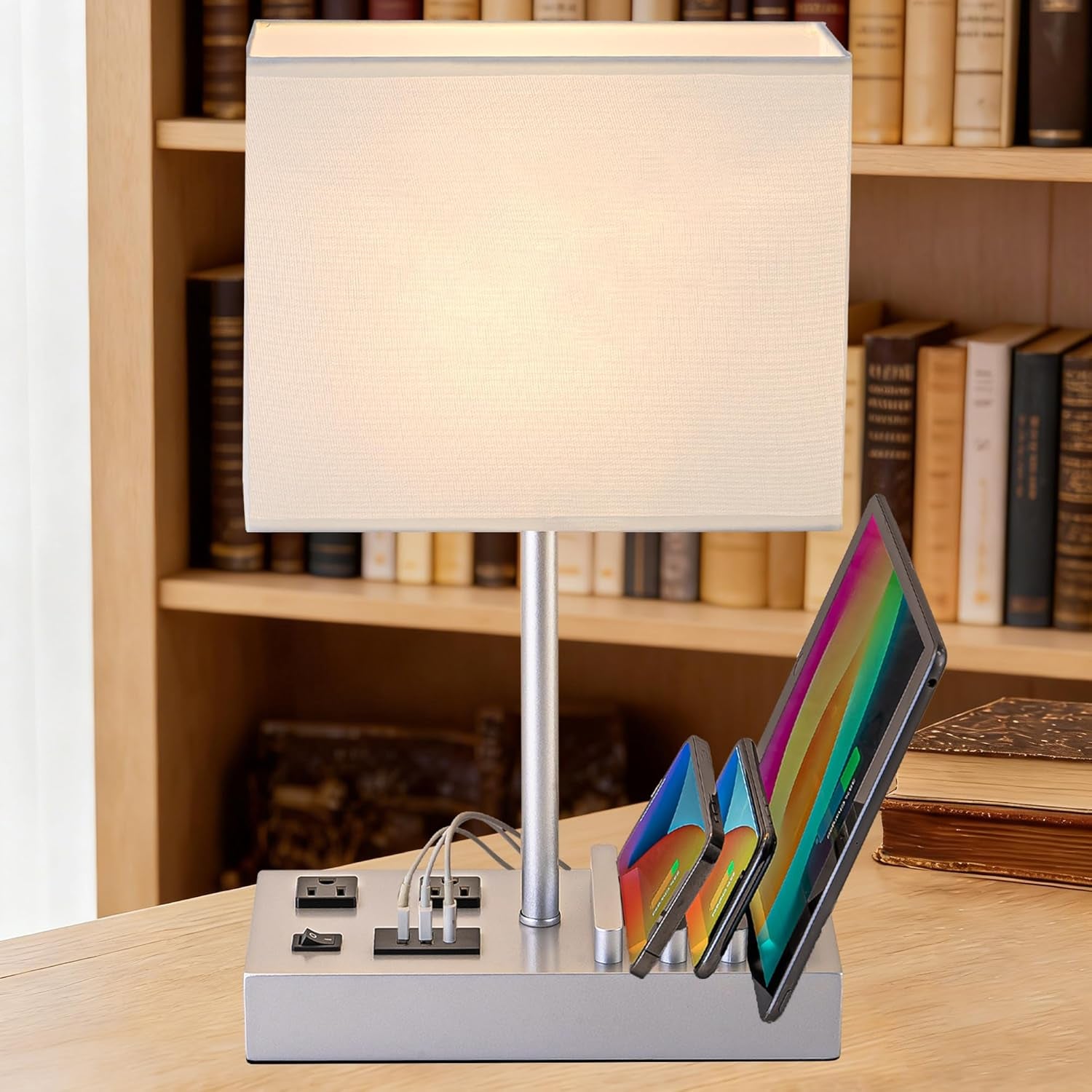Desk Lamp with 3 USB Charging Ports, Table Lamp with 2AC Outlets and 3 Phone Stands, Nightstand Bedside Lamp with Natural Wooden Base and Cream Linen Shade