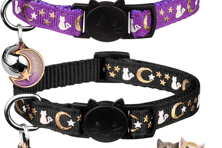 2PCS Breakaway Cat Collars with Bell Moons Stars Cute Kitty Adjustable Safe Kitten Collars with Pendant Glow in the Dark(Black&Purple)