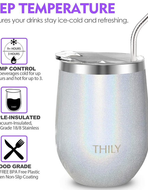 Load image into Gallery viewer, 12Oz Insulated Stainless Steel Wine Tumbler with Sliding Lid &amp; Straw - Stemless Travel Cup for Coffee, Cocktails, Beer - Cold Drinks - Glitter White
