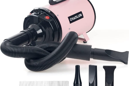 Dog Dryer, Dog Blow Dryer, High Velocity Professional Pet Grooming Dryer, Dog Hair Dryer with Heater, Stepless Adjustable Speed, 3 Different Nozzles and a Comb, Pink