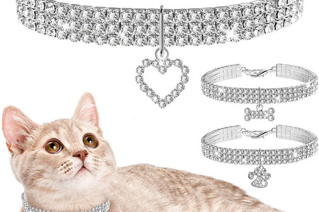 3 Pieces Bling Rhinestones Pet Collars Glitter Pendant Dog Collars Adjustable Crystal Cat Collar Elastic Pet Necklace for Small Pet Cat Dogs Puppy (White)