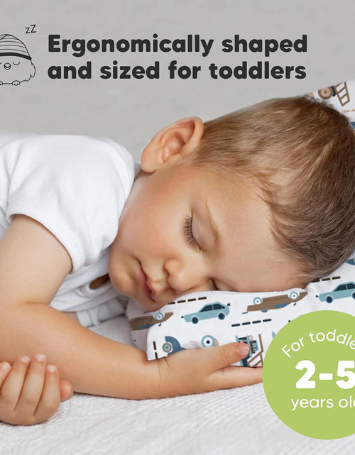 Load image into Gallery viewer, Toddler Pillow with Pillowcase - 13X18 My Little Dreamy Pillow, Organic Cotton Toddler Pillows for Sleeping, Kids Pillow, Travel Pillows, Mini Pillow, Nursery Pillow, Toddler Bed Pillow (Vroom)
