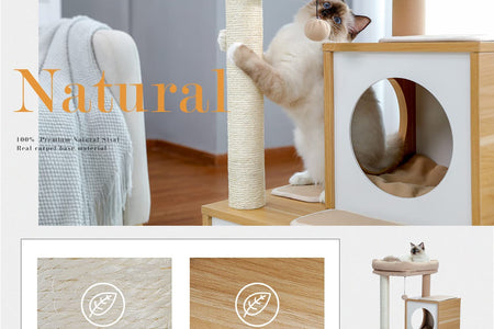 Cat Tree 35 Inches Wooden Cat Tower with Double Condos, Spacious Perch, Fully Wrapped Scratching Sisal Posts and Replaceable Dangling Balls-Walnut