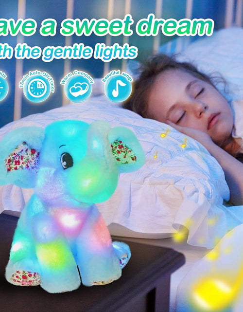 Load image into Gallery viewer, 12‘’ Musical Light up Elephant Plush Toy Floppy LED Stuffed Animals Lullabies Nightlight Bedtime for Kids Birthday Valentines for Toddlers, Blue
