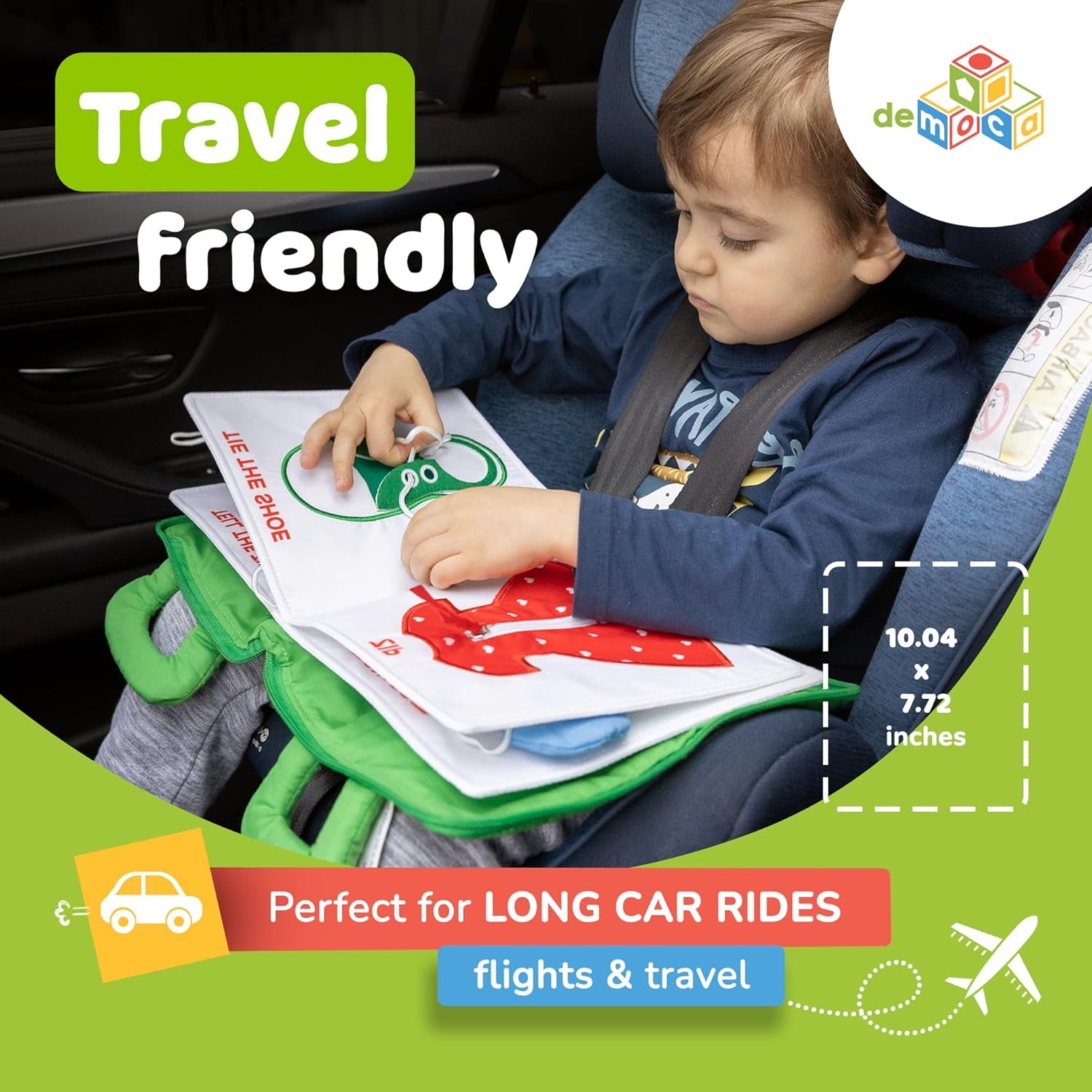 Quiet Book Montessori Toys for Toddlers – Learning Toy – Preschool Educational Toy with Toddler Activities Busy Book, Travel Toy for Boys & Girls + Zipper Bag, Green
