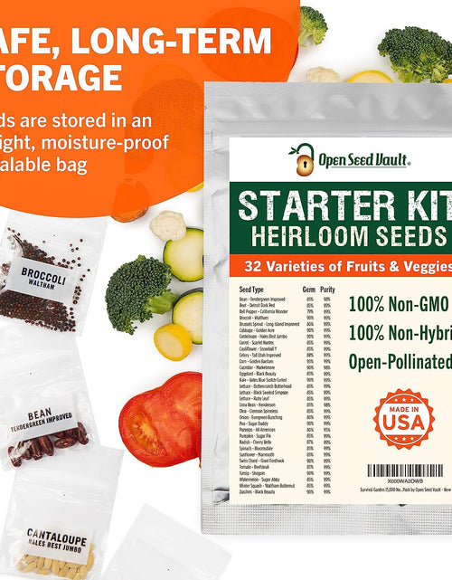 Load image into Gallery viewer, 15,000 Non GMO Heirloom Vegetable Seeds for Planting Vegetables and Fruits (32 Variety Pack) - Gardening Seed Starter Kit, Survival Gear Food, Gardening Gifts, Prepper Supplies
