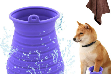 Dog Paw Cleaner Cup with Towel Pet Foot Washer Protable Dogs Cleaning Brush for Puppy Cats Massage Grooming Dirty Claws (Purple)