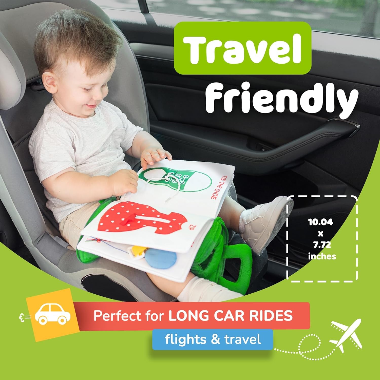 Quiet Book Montessori Toys for Toddlers – Learning Toy – Preschool Educational Toy with Toddler Activities Busy Book, Travel Toy for Boys & Girls + Zipper Bag, Green