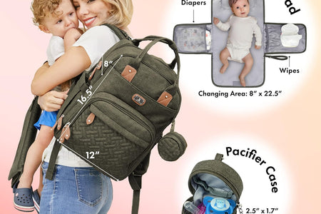 Diaper Bag Backpack with Portable Changing Pad, Pacifier Case and Stroller Straps, Large Unisex Baby Bags for Boys Girls, Multipurpose Travel Back Pack for Moms Dads, Army Green
