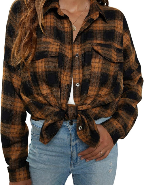 Load image into Gallery viewer, Women'S Button down Flannel Shirts Plaid Shacket Long Sleeve Collared Business Casual Tops Work Blouses
