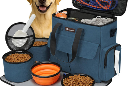 Dog Travel Bag Dog Travel Kit for a Weekend Away Set Includes Pet Travel Bag Organizer for Accessories, 2 Collapsible Dog Bowls, 2 Travel Dog Food Container (Black)